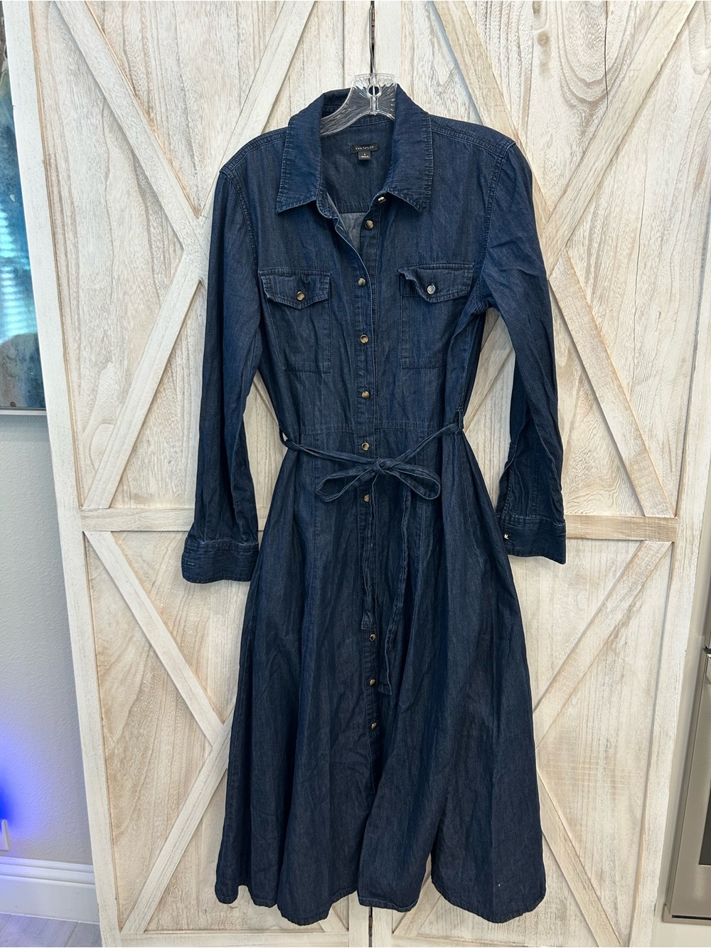Ann Taylor Dark Blue Denim Long Sleeve Shirt Dress with Tie